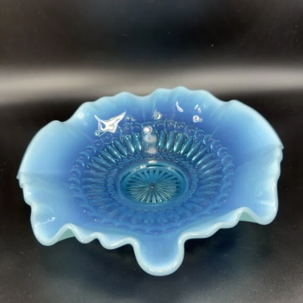 Vintage Opalescent Aqua Blue Scalloped‎ Edge Depression Glass Dish Bowl 8inch